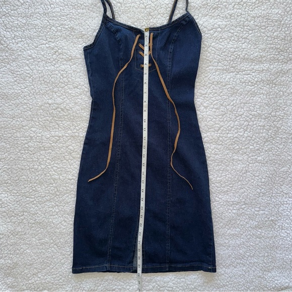 Helium Y2K vintage lace-up stretchy dark denim jean short mini dress front slit - Picture 11 of 11